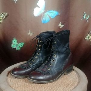 Laredo Vintage Roper Lace Up Kilties Boots. Black|Maroon.Genuine Leather.8M